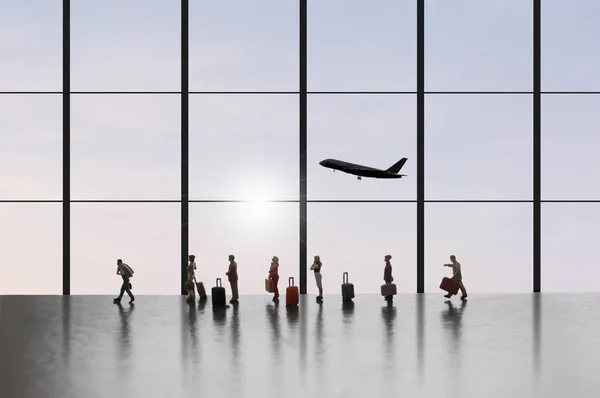 Orang Miniatur Mengantri Terminal Bandara — Stok Foto