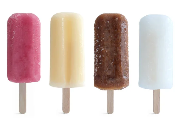 Four Assorted Ice Lollies White Background Including Raspberry Cola Apple — Stock Photo, Image
