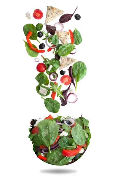 Ingredientes Frescos Caindo Forma Tigela Salada — Fotografia de Stock