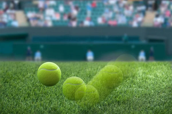 Closeup Motion Shot Wimbledon Tennis Ball Bouncing Grass Court Surface — Stock Photo, Image