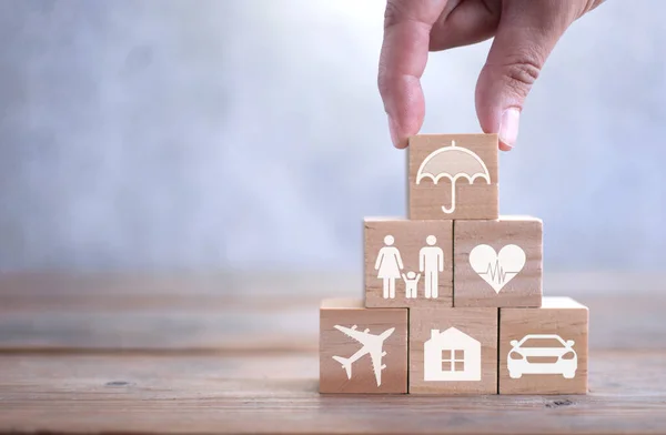 Insurance Symbols Icons Printed Wooden Blocks Including House Family Health — Stock Photo, Image