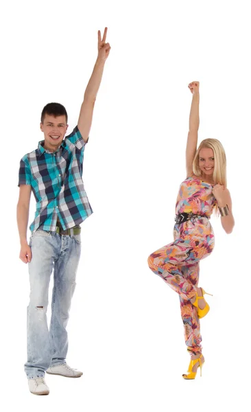 Happy couple with hands up — Stock Photo, Image
