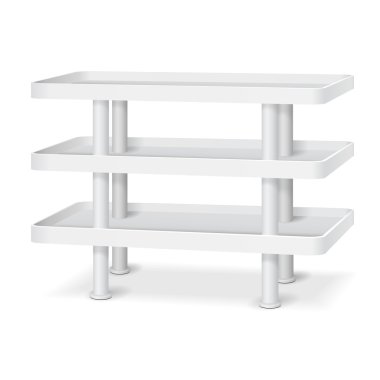 Beyaz boş boş vitrin ekran Stand ile perakende raflarında. Köşeleri yuvarlatılmış. Beyaz arka plan izole 3D ürünlerde. Tasarımınız için hazır. Ürün Ambalaj. Vektör Eps10