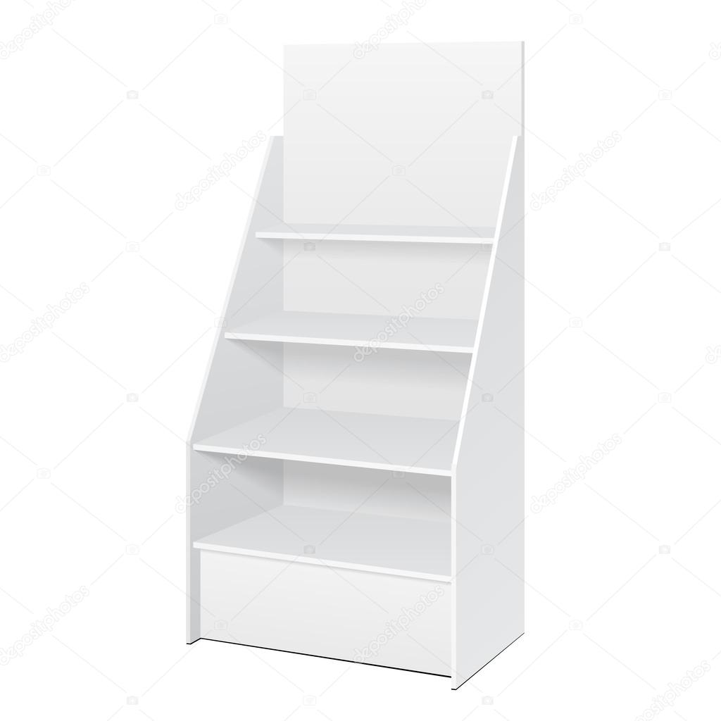 White POS POI Cardboard Floor Display Rack For Supermarket Blank Empty Displays With Shelves Products On White Background Isolated. Ready For Your Design. Product Packing. Vector EPS10