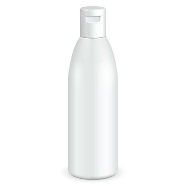 Kozmetik, hijyen, jel, sıvı sabun, losyon, krem, tıbbi gri tonlamalı beyaz plastik şişe şampuan. Tasarımınız için hazır. İllüstrasyon izole beyaz arka plan üzerinde. Vektör Eps10