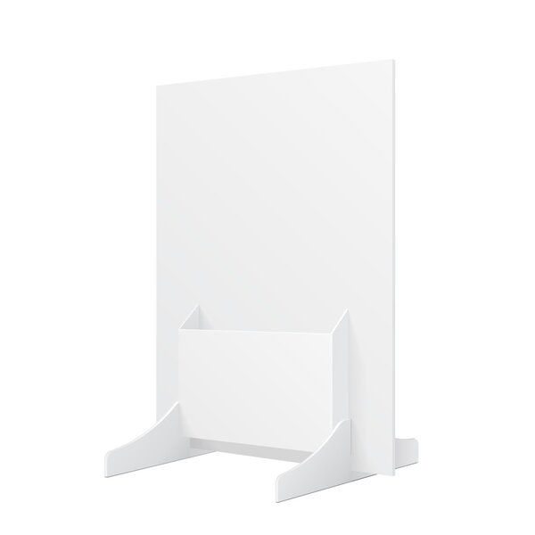 White POS POI Cardboard Blank Empty Show Box Holder For Advertising Fliers, Leaflets Or Products On White Background Isolated. Ready For Your Design. Product Packing. Vector EPS10