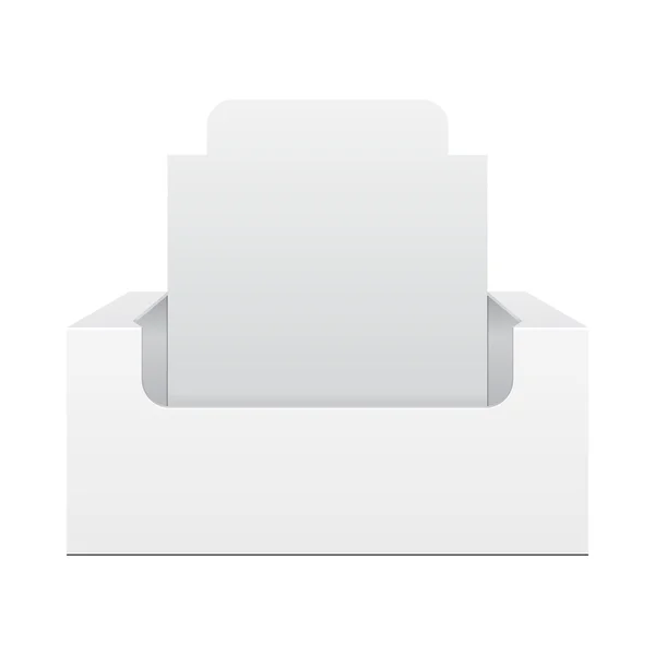 Caja de soporte de pantalla blanca POS POI Cartón en blanco vacío, vista frontal. Productos sobre fondo blanco aislado. Listo para tu diseño. Embalaje del producto de burla. Vector EPS10 — Vector de stock