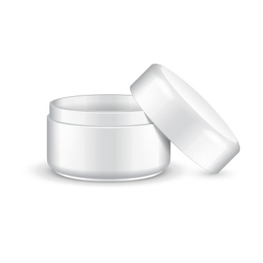 Opened Empty Cream, Gel Or Powder, Light Turquoise Jar Can Cap Bottle. Products Mock Up On White Background Isolated. Ready For Your Design. Product Packing. Vector EPS10