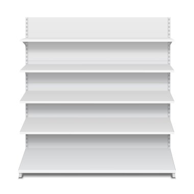 Beyaz boş boş vitrin görüntüler perakende raflarında ön ile izole beyaz arka plan üzerinde 3d ürünler görüntüleyin. Tasarımınız için hazır. Ürün Ambalaj. Vektör Eps10