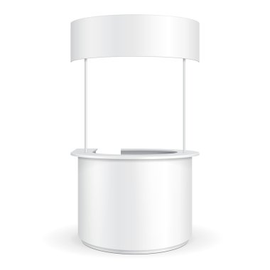 Beyaz Yuvarlak POS POI Boş Reklam Alanı Oyalama Tezgahı Çatı, Tepe Örtüsü, Banner 'lı Bar Gösterimi. Beyaz Arka plan izole edildi. Tasarımınız için şablonu hazırlayın. Ürün Paketleme Vektörü EPS10