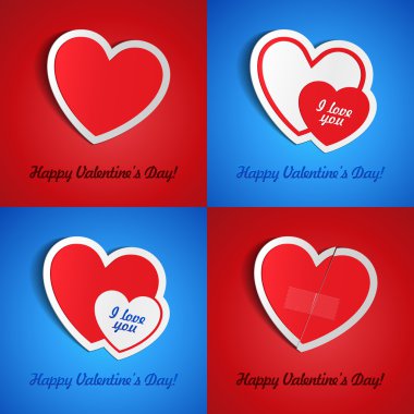 Çift Kırmızı Kalp Kağıt Sticker, Kartpostal, Tebrik Kartı, Banner, Mavi ve Kırmızı Arka Plan Sevgililer Günü Üzerinde Gölge ile. Vektör İllüstrasyon Kartpostal Eps10