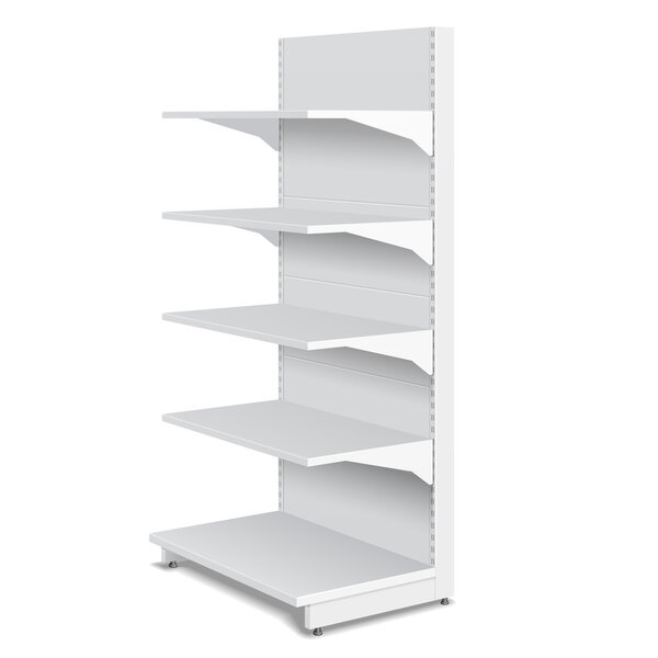 Белые пустые пустые дисплеи витрины с полками розничной торговли Продукты 3D на белом фоне изолированы. Ready for Your Design. Упаковка продукции. Вектор S10
