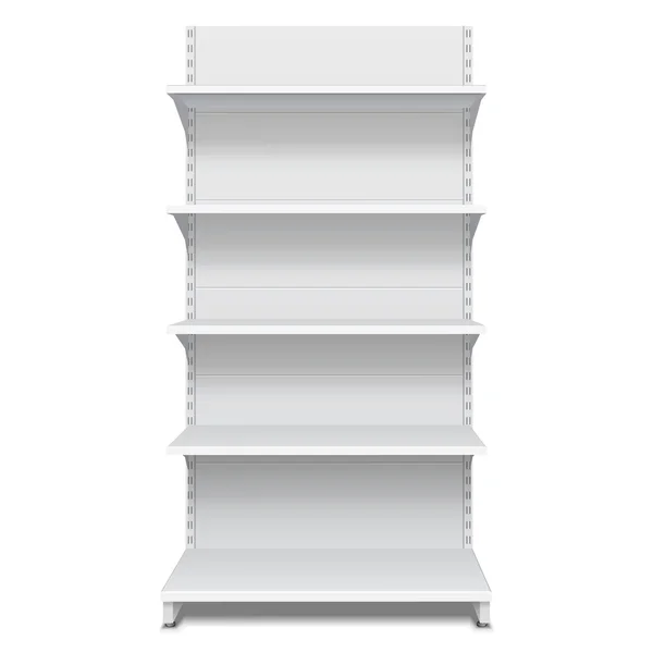 Bílé prázdné prázdné prezentace zobrazí s prodejní regály přední zobrazení 3d produkty na bílém pozadí, samostatný. Připraven pro váš návrh. Balení produktu. Vektorové Eps10 — Stockový vektor