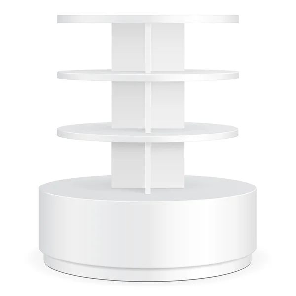 Weiße runde POS Poi-Pappe Bodenregal für Supermarkt leere Displays mit Regalen Produkte auf weißem Hintergrund isoliert. bereit für Ihr Design. Produktverpackung. Vektor eps10 — Stockvektor