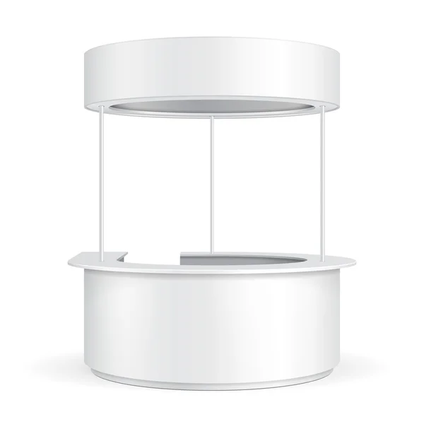 Λευκό στρογγυλό POS POI κενή κενή διαφήμιση λιανικής πώλησης Stand Stall Bar Display με οροφή, Canopy, Banner. Σε λευκό φόντο απομονωμένο. Ετοίμασε το πρότυπο έτοιμο για το σχέδιό σου. Διάνυσμα συσκευασίας προϊόντων EPS10 — Διανυσματικό Αρχείο