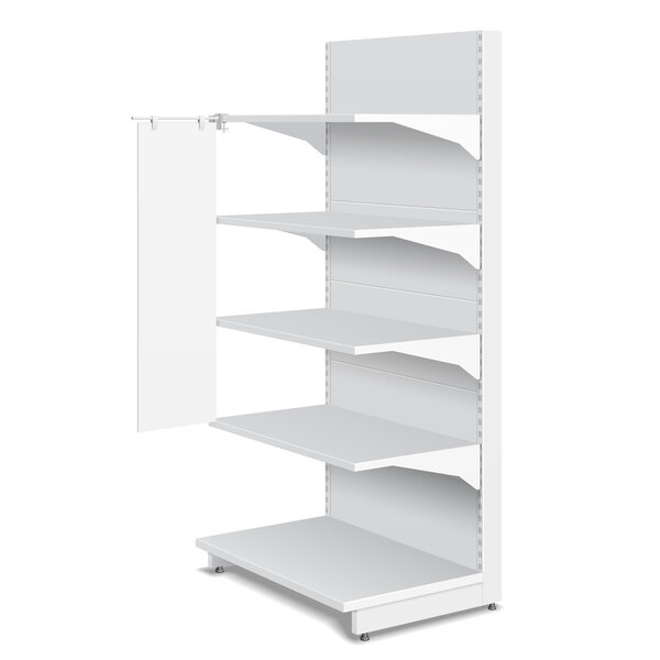 White Blank Empty Shelf Stopper Banner Showcase Displays With Retail Shelves Products 3D On White Background Isolated. Ready For Your Design. Product Packing. Vector EPS10