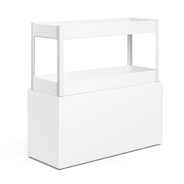 Weiße quadratische pos poi Pappe Bodenregal für Supermarkt leere Displays mit Regalen Produkte auf weißem Hintergrund isoliert. bereit für Ihr Design. Produktverpackung. Vektor eps10 — Stockvektor