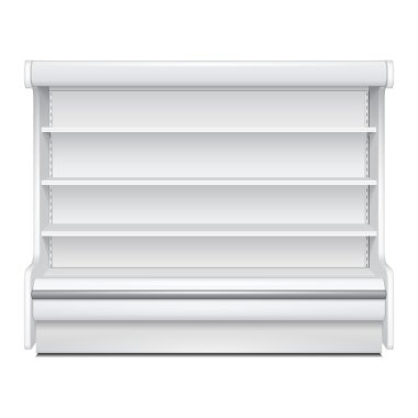 Regal Rack buzdolabı duvar kabine boş boş vitrin görüntüler soğutmalı. Perakende raflarında. Beyaz arka plan izole 3D ürünlerde. Tasarımınız için hazır kadar alay et. Ürün Ambalaj. Vektör Eps10