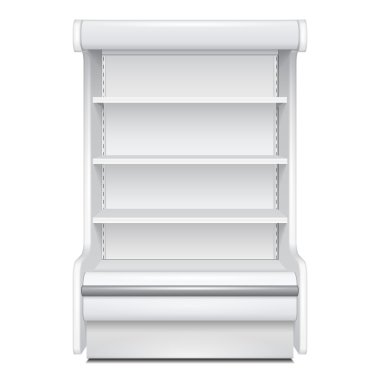Regal Rack buzdolabı duvar kabine boş boş vitrin görüntüler soğutmalı. Perakende raflarında. Beyaz arka plan izole 3D ürünlerde. Tasarımınız için hazır kadar alay et. Ürün Ambalaj. Vektör Eps10