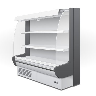 Regal Rack buzdolabı duvar kabine boş boş vitrin görüntüler soğutmalı. Perakende raflarında. Beyaz arka plan izole 3D ürünlerde. Tasarımınız için hazır kadar alay et. Ürün Ambalaj. Vektör Eps10