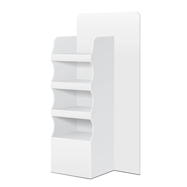 Espositore da terra in cartone POS POI bianco per display vuoti da supermercato con scaffali prodotti su sfondo bianco isolato. Pronto per il tuo design. Imballaggio del prodotto. Vettore EPS10 — Vettoriale Stock