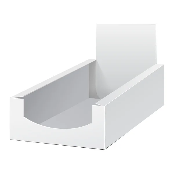 Caja de soporte de pantalla blanca POS POI Cartón en blanco vacío, vista frontal. Productos sobre fondo blanco aislado. Listo para tu diseño. Embalaje del producto de burla. Vector EPS10 — Vector de stock