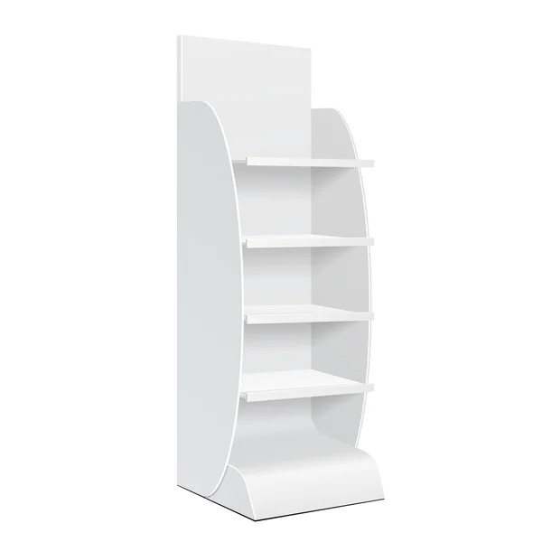 Espositore da terra in cartone POS POI bianco per display vuoti da supermercato con scaffali prodotti su sfondo bianco isolato. Pronto per il tuo design. Imballaggio del prodotto. Vettore EPS10 — Vettoriale Stock