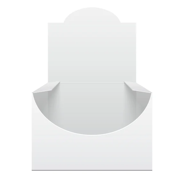 Bílý displej držitel Box Pos Poi lepenkové prázdné prázdný, přední pohled. Produkty na bílém pozadí, samostatný. Připraven pro váš návrh. Maketa balení produktu. Vektor Eps10 — Stockový vektor