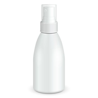 Kozmetik parfüm, Deodorant, temizleyici veya tıbbi antiseptik uyuşturucu plastik şişe beyaz sprey. İllüstrasyon izole beyaz arka plan üzerinde. Tasarımınız için hazır. Ürün Ambalaj vektör Eps10