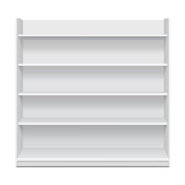 Beyaz uzun boş boş vitrin görüntüler perakende raflarında ön ile izole beyaz arka plan üzerinde 3d ürünler görüntülemek. Tasarımınız için hazır. Ürün Ambalaj. Vektör Eps10