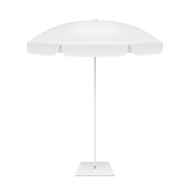 Açık Bahçe beyaz şemsiye şemsiye reklam promosyon Meydanı. Yukarı, şablon alay. İllüstrasyon izole beyaz arka plan üzerinde. Tasarımınız için hazır. Ürün Ambalaj. Vektör Eps10