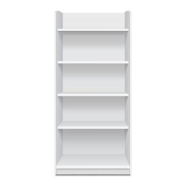 Beyaz karton zemin ekran raf raf ürünleri ile boş boş görüntüler izole beyaz arka plan üzerine alay süpermarket için. Tasarımınız için hazır. Ürün Ambalaj. Vektör Eps10