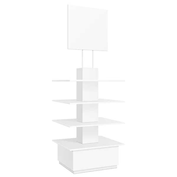 White Square POS POI Cardboard Floor Display Rack für Supermarktleere Displays mit Banner. Produkte mock up auf weißem Hintergrund isoliert. Bereit für Ihr Design. Produktverpackung. Vektor EPS10 — Stockvektor