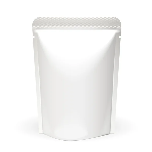 Imballaggio bianco della borsa del Doypack del cibo o della bevanda della stagnola bianca. Modello di pacchetto di plastica pronto per il vostro disegno . — Vettoriale Stock