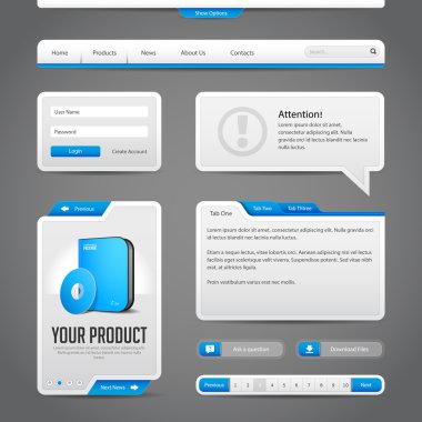 Web UI Controls Elements Gray And Blue On Dark Background: Navigation Bar, Buttons, Login Form, Slider, Message Box