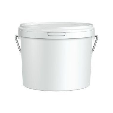 White Tub Paint Plastic Bucket Container With Metal Handle. Plaster, Putty, Toner. Ready For Your Design. Product Packing