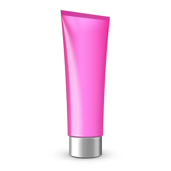 Tube de crème ou de gel rose propre avec couvercle chromé gris. Prêt pour votre design. Emballage des produits — Image vectorielle