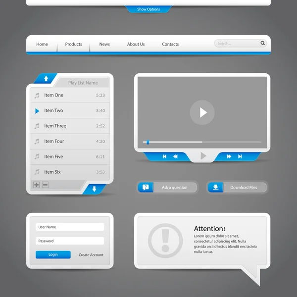 Web UI Controls Elements Gray And Blue On Dark Background: Navigation Bar, Buttons, Login Form, Play List, Message Box, Menu — Wektor stockowy