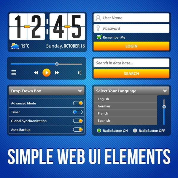 Simple UI Elementos Azul Amarillo. Smartphone blanco 480x800. Formulario de inicio de sesión, Botón, Conmutadores, Botón de radio, Reloj, Reproductor — Archivo Imágenes Vectoriales