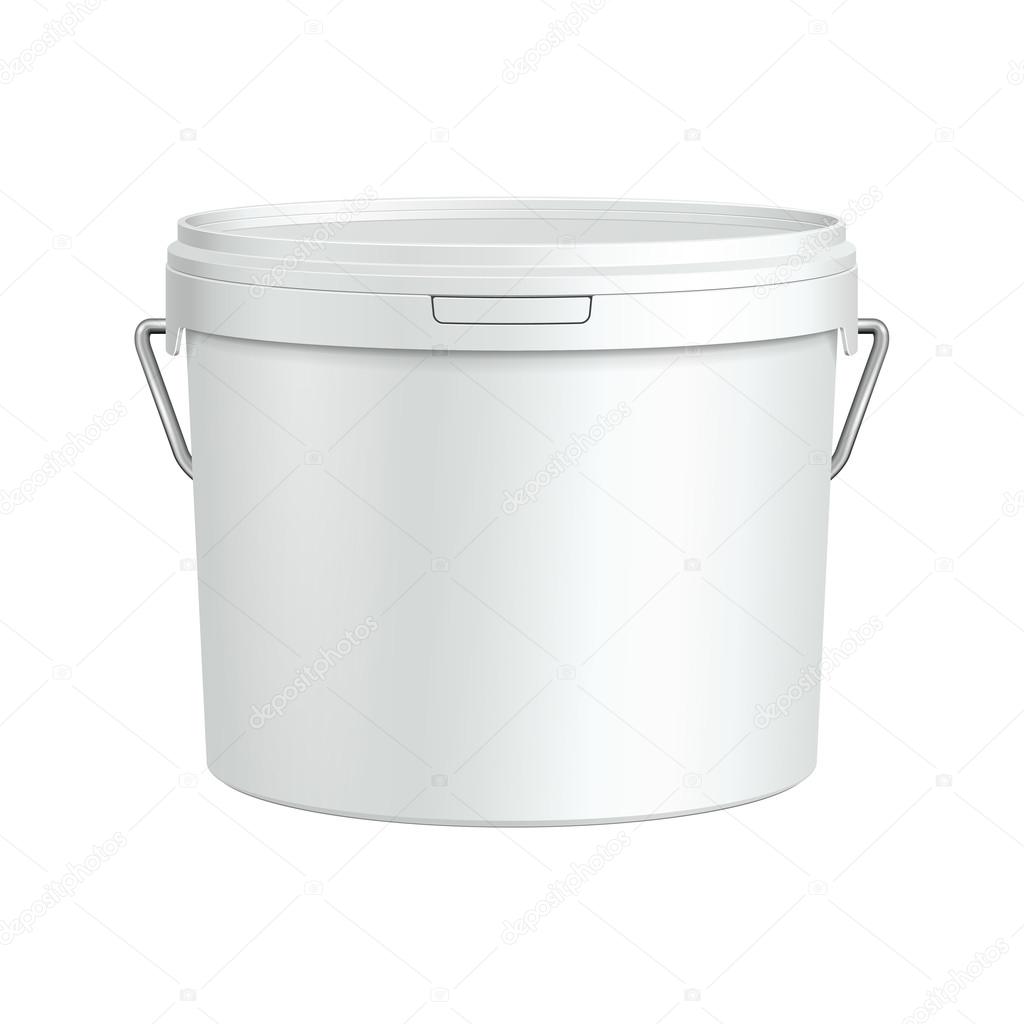 White Tub Paint Plastic Bucket Container With Metal Handle. Plaster, Putty, Toner. Ready For Your Design. Product Packing