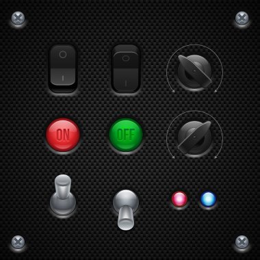 Carbon UI Application Software Controls Set. Switcher, Button, Knobs, Lamps. Web Design Elements. Vector User Interface