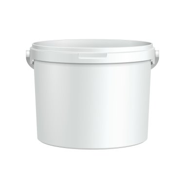 Opened White Tub Paint Plastic Bucket Container. Plaster, Putty, Toner. Ready For Your Design. Product Packing