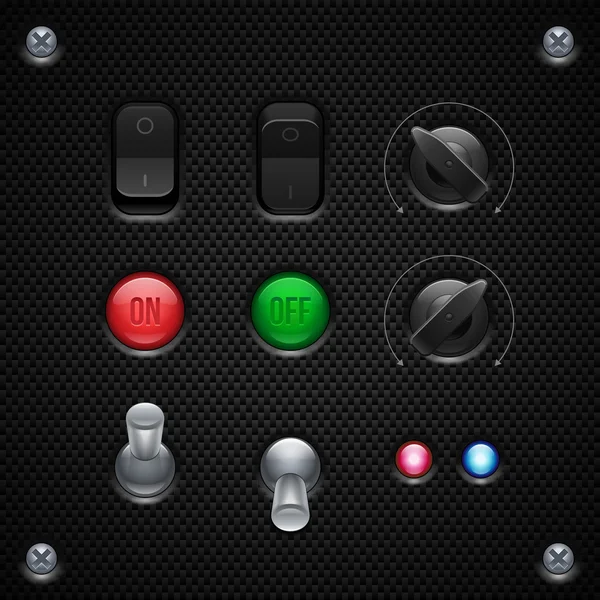 Set di controlli software per applicazioni in carbonio UI. Commutatore, pulsante, manopole, lampade. Elementi di Web Design. Interfaccia utente vettoriale — Vettoriale Stock