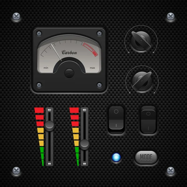 Carbon UI Application Software Controls Set. Switch, Knobs, Button, Lamp, Volume, Equalizer, Voltmeter, Speedometr, Indicator — ストックベクタ