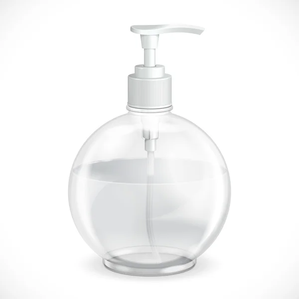 Gel, schiuma o liquido dispenser di sapone pompa rotonda bottiglia di plastica trasparente bianco. Pronto per il tuo design — Vettoriale Stock