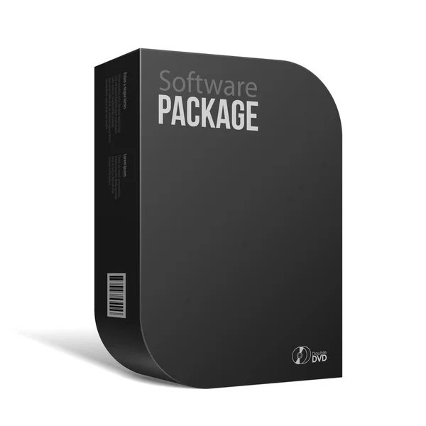 Moderna caja de paquetes de software negro con esquinas redondeadas con DVD o CD para su producto — Vector de stock