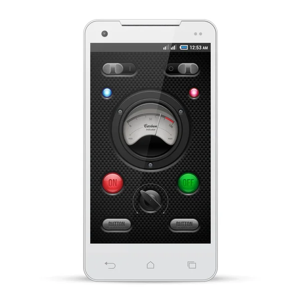 Carbon UI Application Software Controls Set. White Smartphone. Knobs, Switch, Button, Lamp, Speedometr — Διανυσματικό Αρχείο