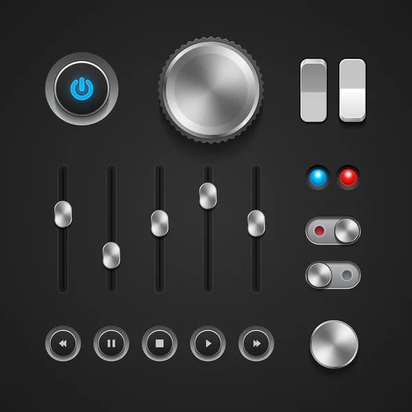 Hi-End-Bedienelemente: Tasten, Schalter, Ein, Aus, Player, Audio, Video: Wiedergabe, Stopp, Weiter, Pause, Lautstärke, Equalizer — Stockvektor