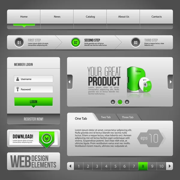 Elementos modernos de diseño de sitios web limpios Gris Verde Gris: Botones, Forma, Deslizador, Desplazamiento, Carrusel, Iconos, Pestaña, Menú — Vector de stock