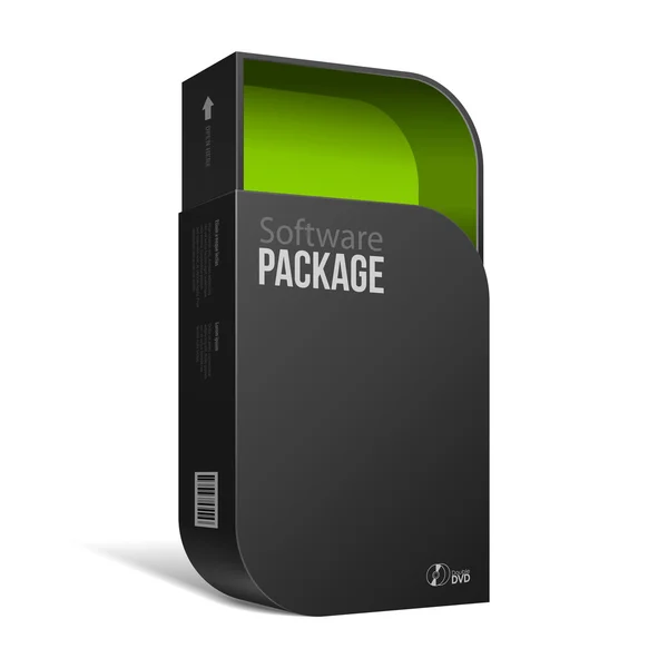 Caixa de pacote de software preto moderno aberto com cantos arredondados verde dentro. Com DVD ou CD Disk para o seu produto . —  Vetores de Stock